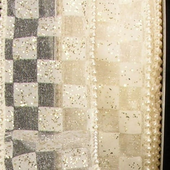 The Ribbon People Shimmering Ivory Geometric Wire Edged Craft Ribbon 4" x 20 Yards