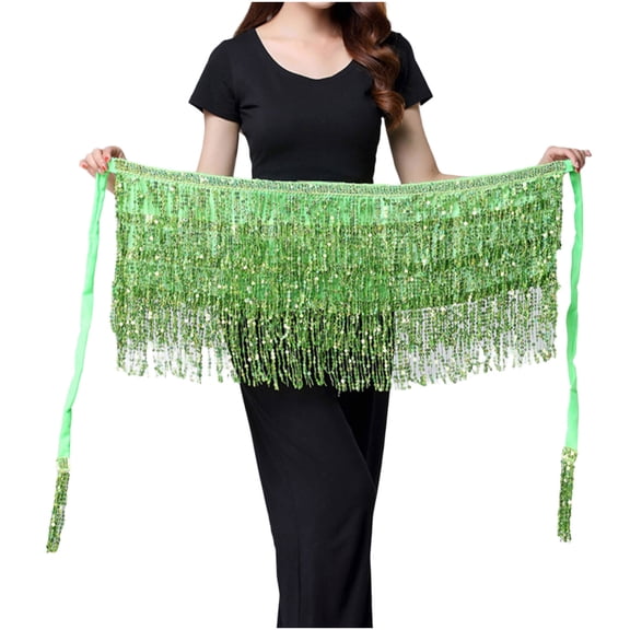 Felirenzacia Belly Dance Hip Scarf, Women's Chiffon Belly Dancing Scarf with 128 Coins for Yoga Class, Green,Free Size