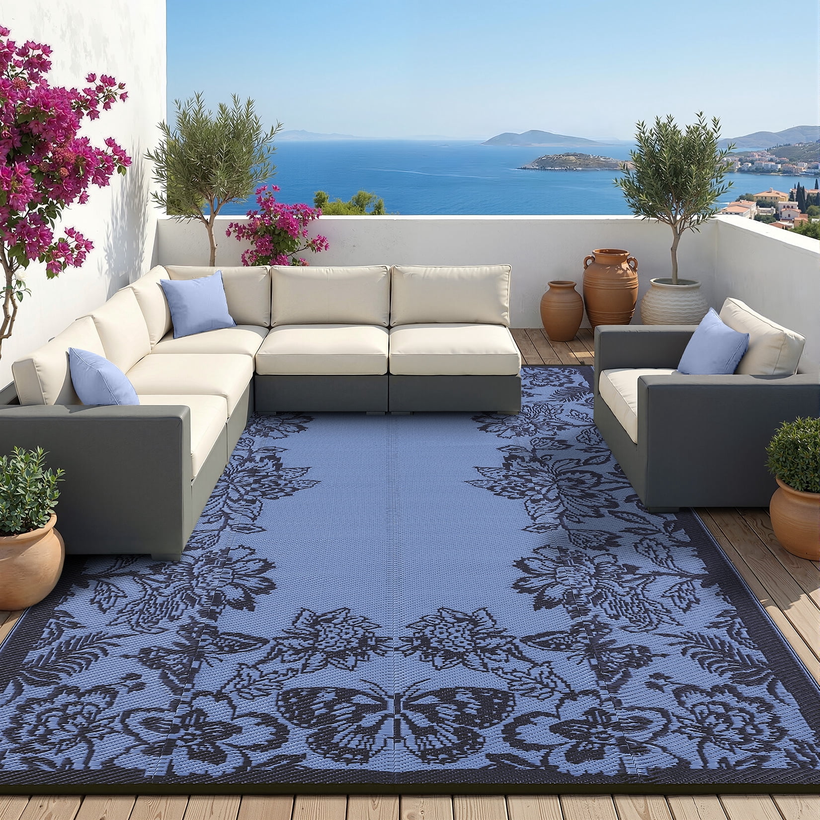 Nanan Outdoor Patio Rug 8x10 Ft, Plastic Straw Rug, Floral Pattern Waterproof Reversible Outdoor Rugs for Camping Picnic Backyard Balcony, Blue Purple