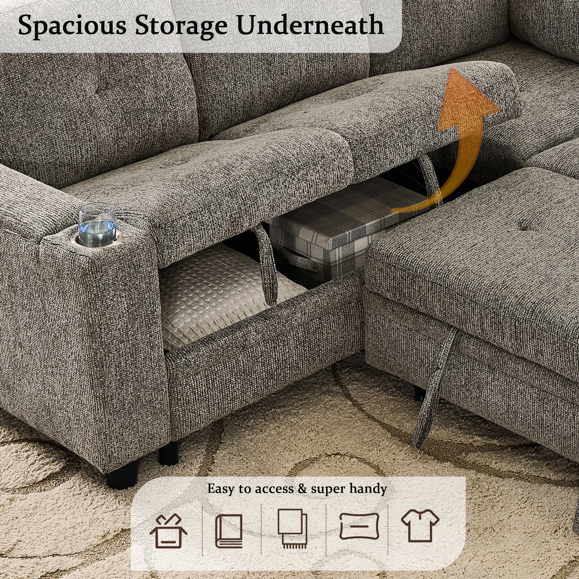 Gewnee L-Shaped Sectional Sofa,Modern Chenille Modular Sofa with Storage Function,USB‑C Charging Ports & Cup Holders,Pull Out Couch for Living Room,Grey