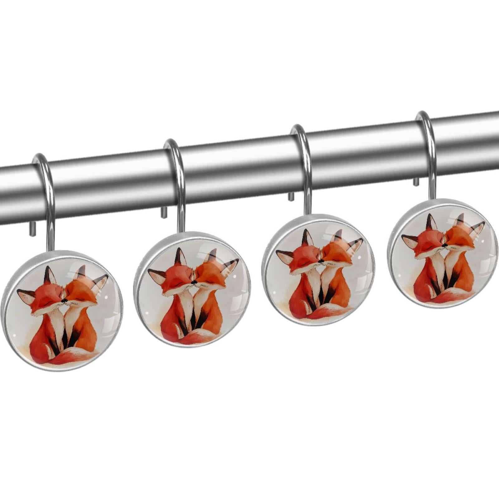 Two Red Foxes Shower Curtain Hooks Round Crystal Glass, Set of 12 Shower Curtain Rings - Shower Hooks for Curtain Shower Rings