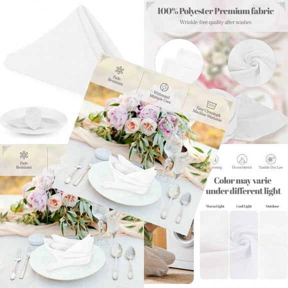White Heavy Duty Cloth Napkins 17 x 17 Inch Solid Washable Polyester Dinner Napkins Set of 8 Napkins with Hemmed Edges Great for Weddings Parties Banquets Dinner More