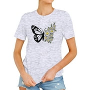 TWZH Women Daisies Butterfly Graphic-Print T-Shirt Short Sleeve Plain Tee