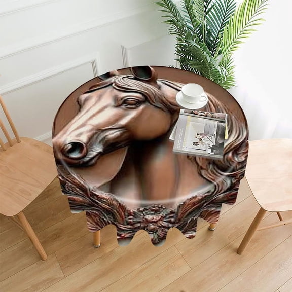 RKSupls 60 Inch Round Tablecloth, Horse Bronze Relief Premium Polyester Straight Edge Wrinkle Resistant Washable Table Cover for Party Home Dining Decor