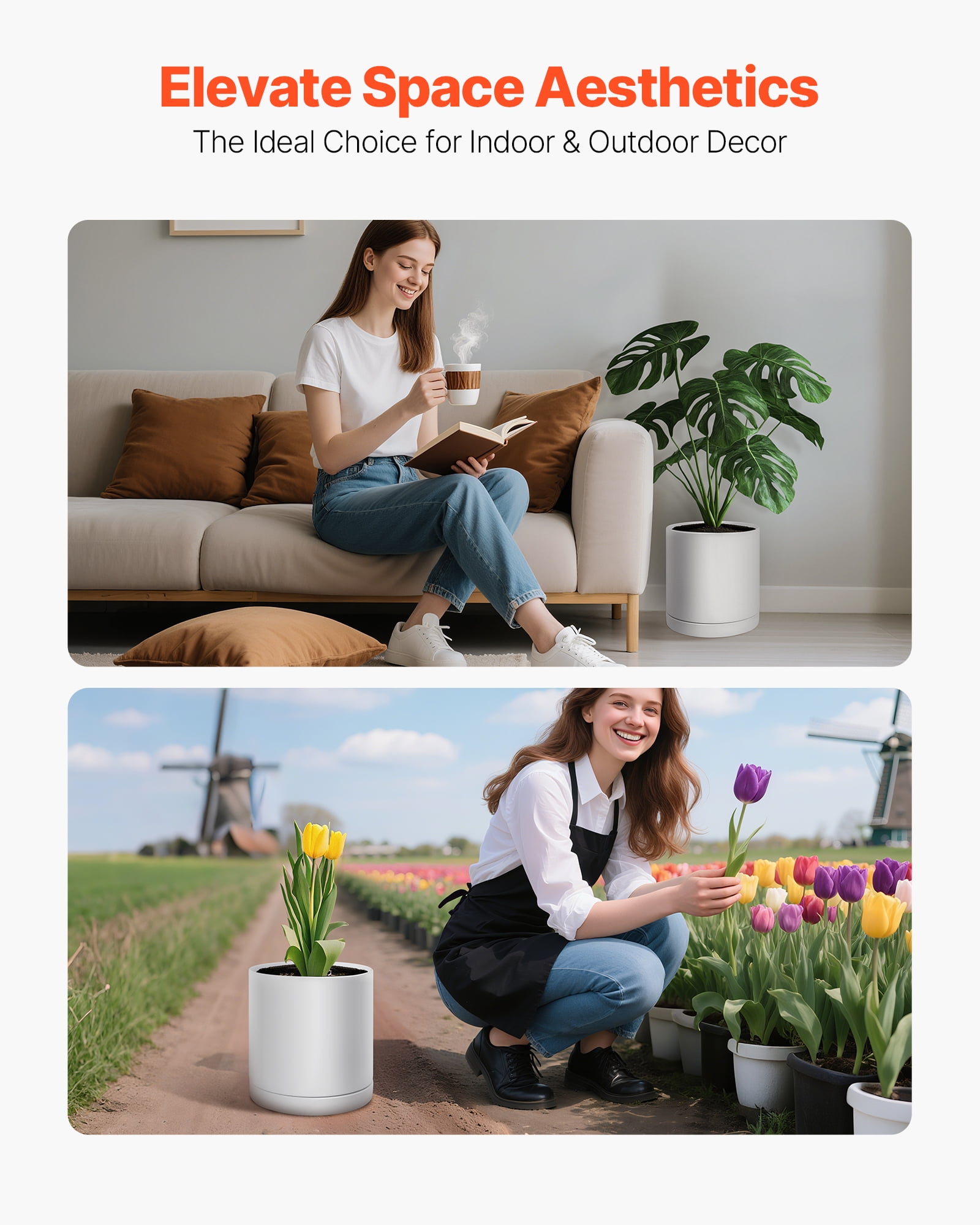 VEVOR Plant Pot, 12-Inch Large Cylinder Planter with Drainage Holes, Non-Slip Pads & Detachable Saucer, Modern Ceramic Flower Pots, Indoor and Outdoor Tree Planter Pot, Home & Office Decorations
