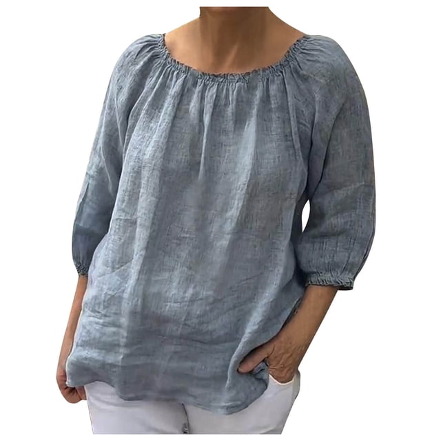 AherBiu Hauts Grande Taille pour Femmes Manches 3/4 Chemises d'Été en Coton et Lin Décontractées Coupe Ample Col Rond