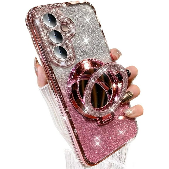Magnetic for Samsung Galaxy S25 Plus Glitter Kickstand Case, [Compatible with MagSafe] Makeup Mirror Cute Bling Rhinestone Girl Woman Cover Camera Lens Protector Ring Holder for S25  (Pink)