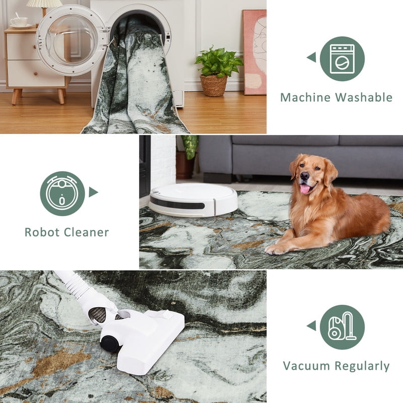 8'x10' Boho Vintage Area Rug – Soft Modern Abstract Design, Machine Washable Non-Slip Carpet for Living Room, Farmhouse, Kids Room & Dining Room Dark Green