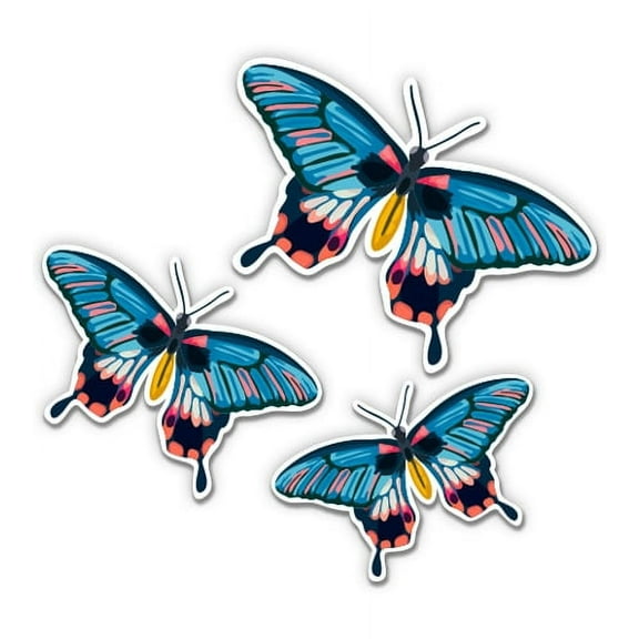 Pretty Blue Butterflies Set of 3 - 4" Vinyl Stickers - For Car Laptop I-Pad Phone Helmet Hard Hat - Waterproof Decals
