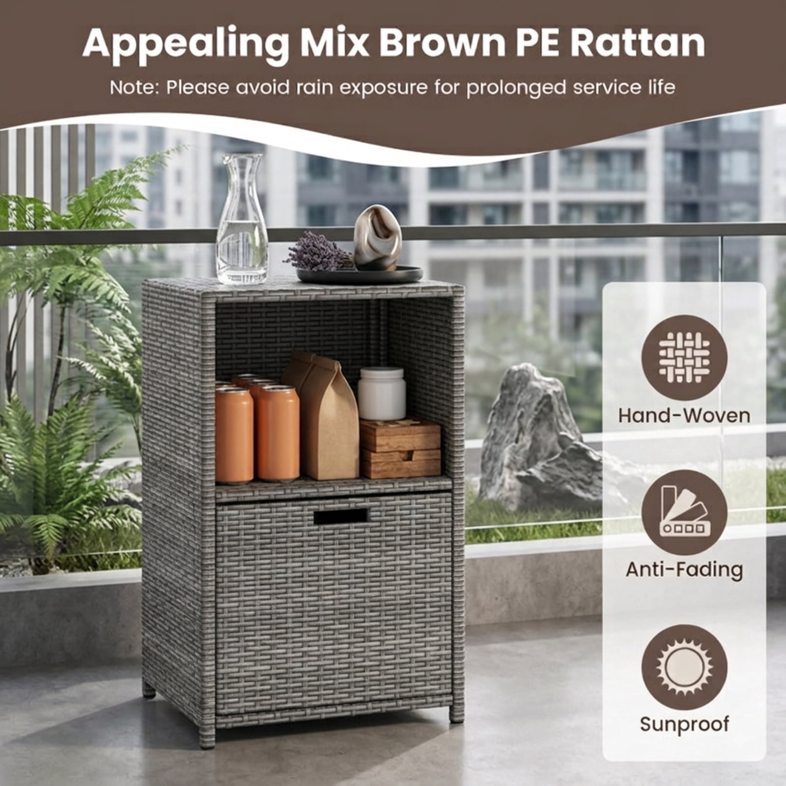 Biotree Outdoor Storage Cabinet with Drawer and 3 Shelves for Patio Porch Poolside Backyard, Mix Brown