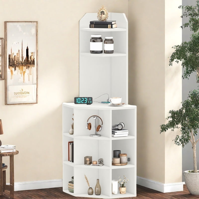 Uforic 5-Tier Corner Shelf with 9 cube,  Wooden Display Bookcases Bookshelf  with USB Ports, White