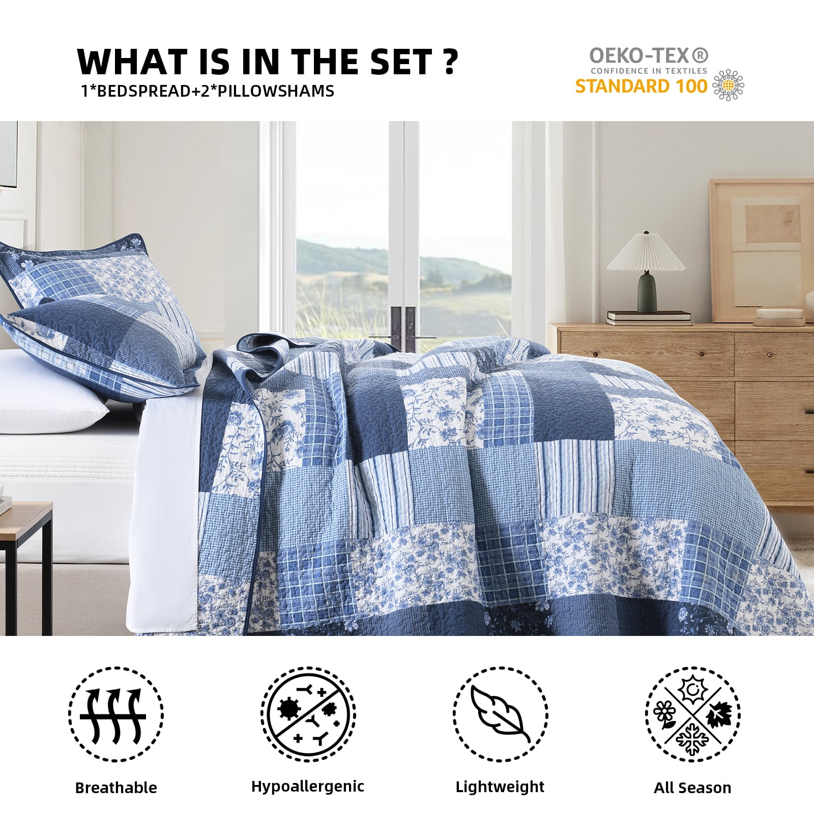 PANGUSHAN 100% Cotton Quilt King Size, King Quilt Bedding Set Quilted Bedspreads, Lightweight Reversible Plaid Comforter for King Bed, All Season, Blue, 3 Pieces