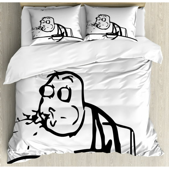 Humor Decor Queen Size Duvet Cover Set, Weird Guy Meme Face Character Barfing Food Scene Troll Web Comics Illustration, Decorative 3 Piece Bedding Set with 2 Pillow Shams, Black White, by Ambesonne