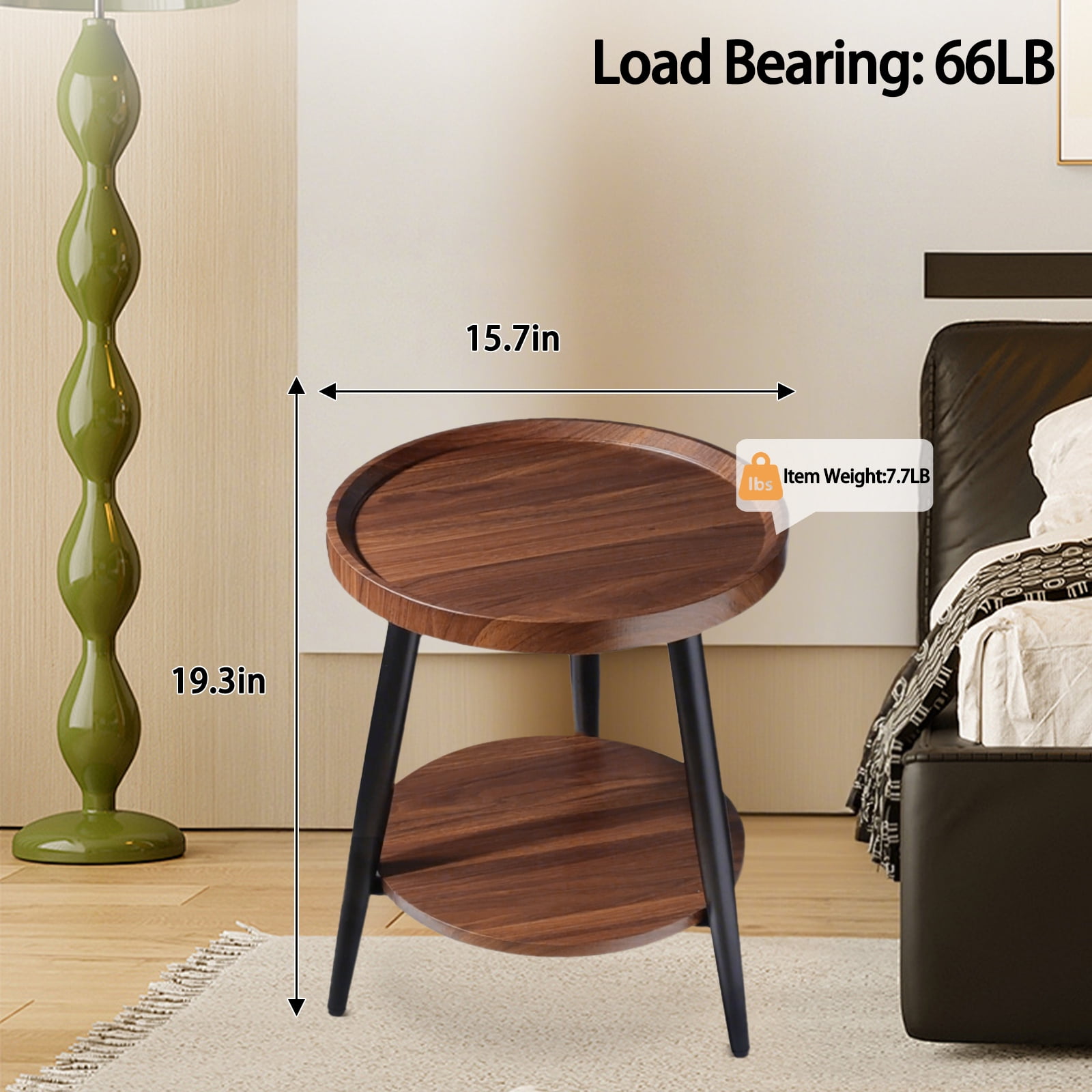 HDUTNGISN 2-Tier Round Brown Wood Side Table with Metal Frames,Small End Table for Living Room