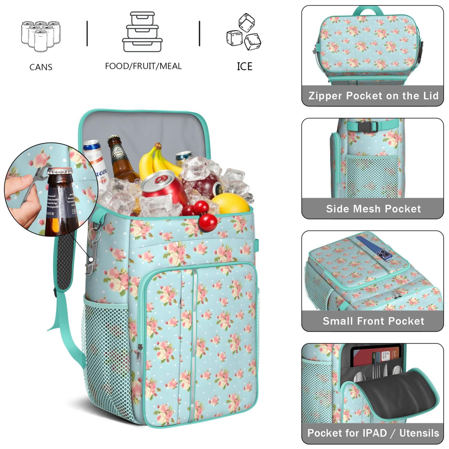 Travel Cooler Bag - Pioneer Flower Floral Print Pattern Camping Beer Cooler Backpack with Bottle Opener- Waterproof Insulated Picnic Backpacks - Cooler Bag for Beach