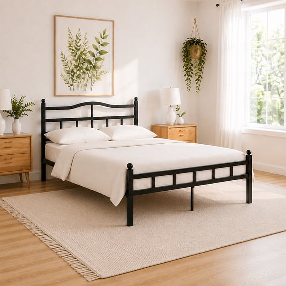QUEEN Metal Bed Frame with Headboard & Footboard, 14 Inch Under Bed Storage, Heavy Duty Steel Slat Support, No Box Spring Needed, Easy Assembly, Black Platform Bed Frame