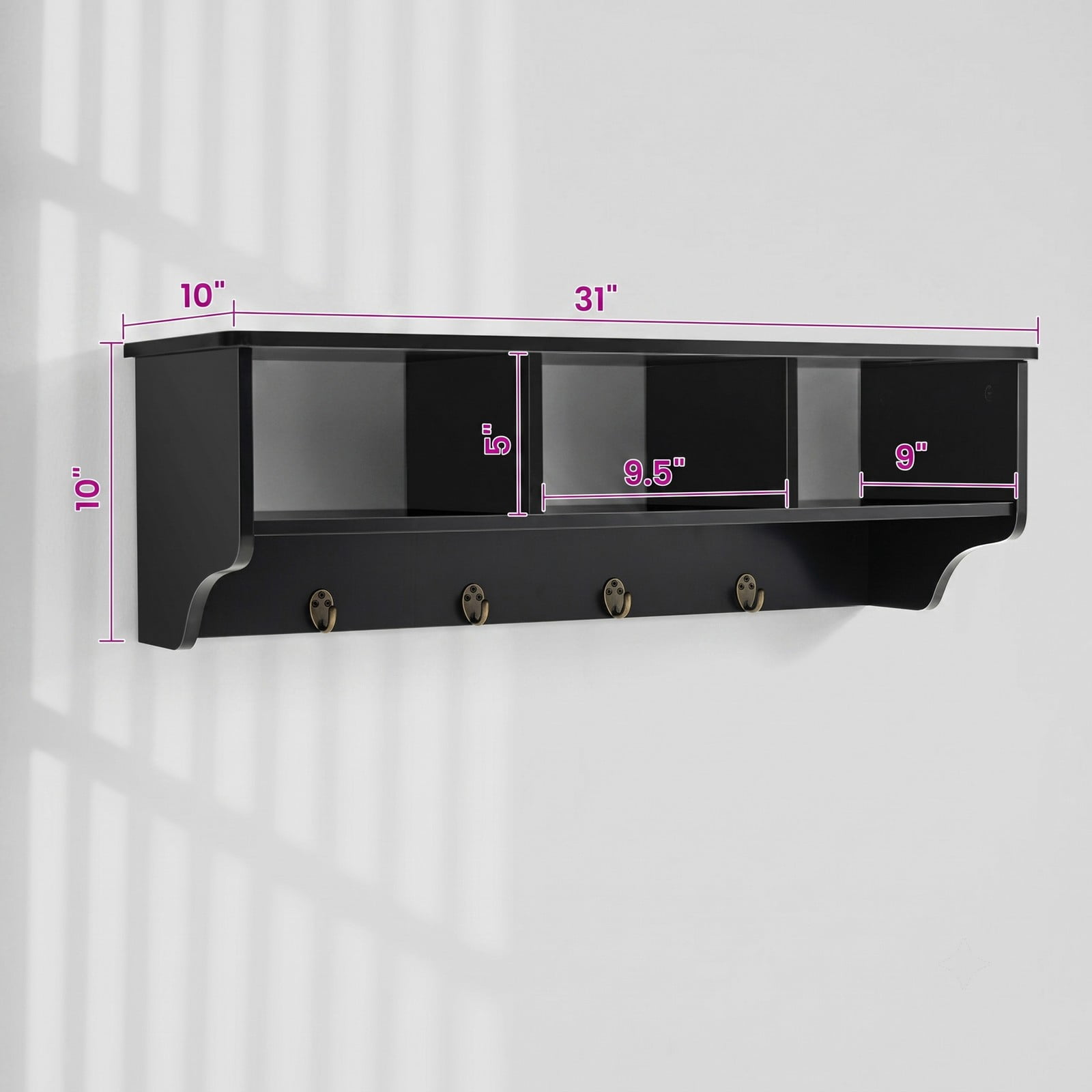 Furnibear Wall Mounted Coat and Hat Rack with Cubby Storage Shelf and 4 Hooks for Entryway Living Room and Bathroom, Black