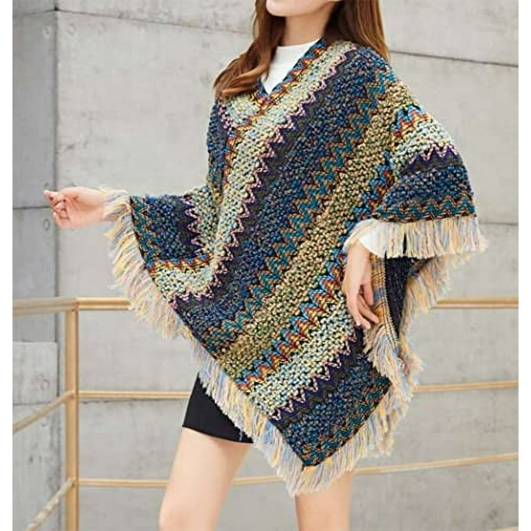 Hit Color Stripe Irregular Tassel Cloak Sweaters Hit Color Stripe Irregular Tassel Cloak Sweaters