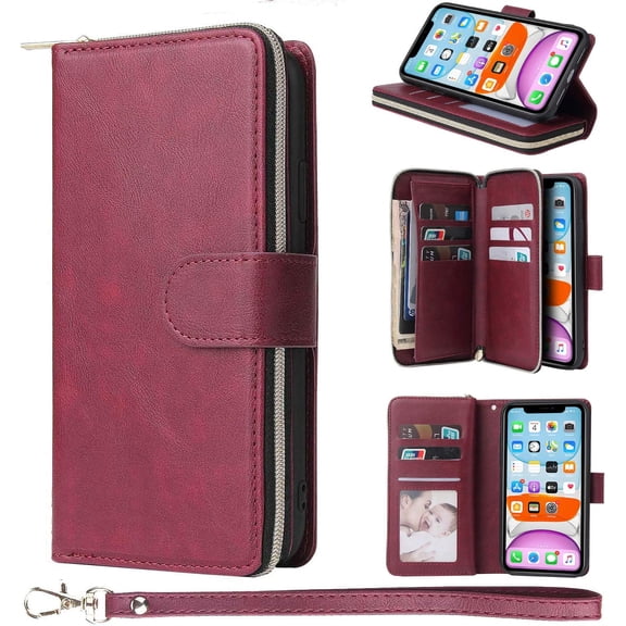 Wallet Case for iPhone 11,Premium[Magnetic Closure][Zipper Pocket] Folio PU Leather Flip Case Cover with 9 Card Slots Kickstand for iPhone 11 6.1"-Red