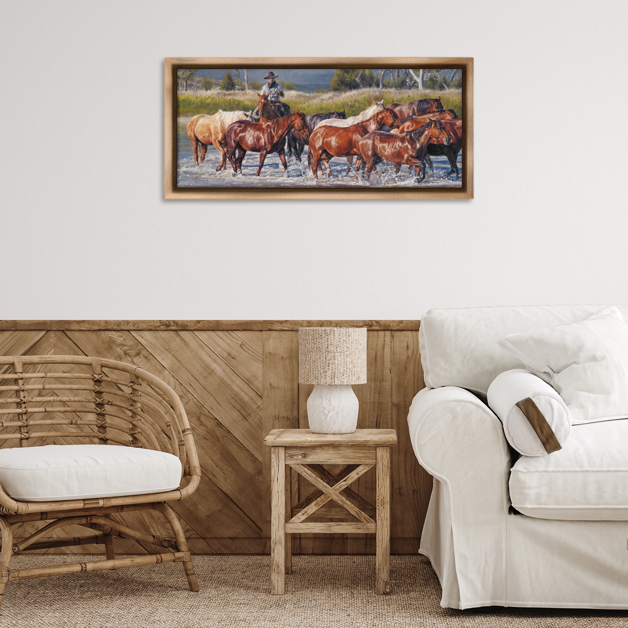 Stupell Industries Crossing The Remuda Animals & Insects Painting Brown Floater Framed Canvas Art Print Wall Art, 31 x 14