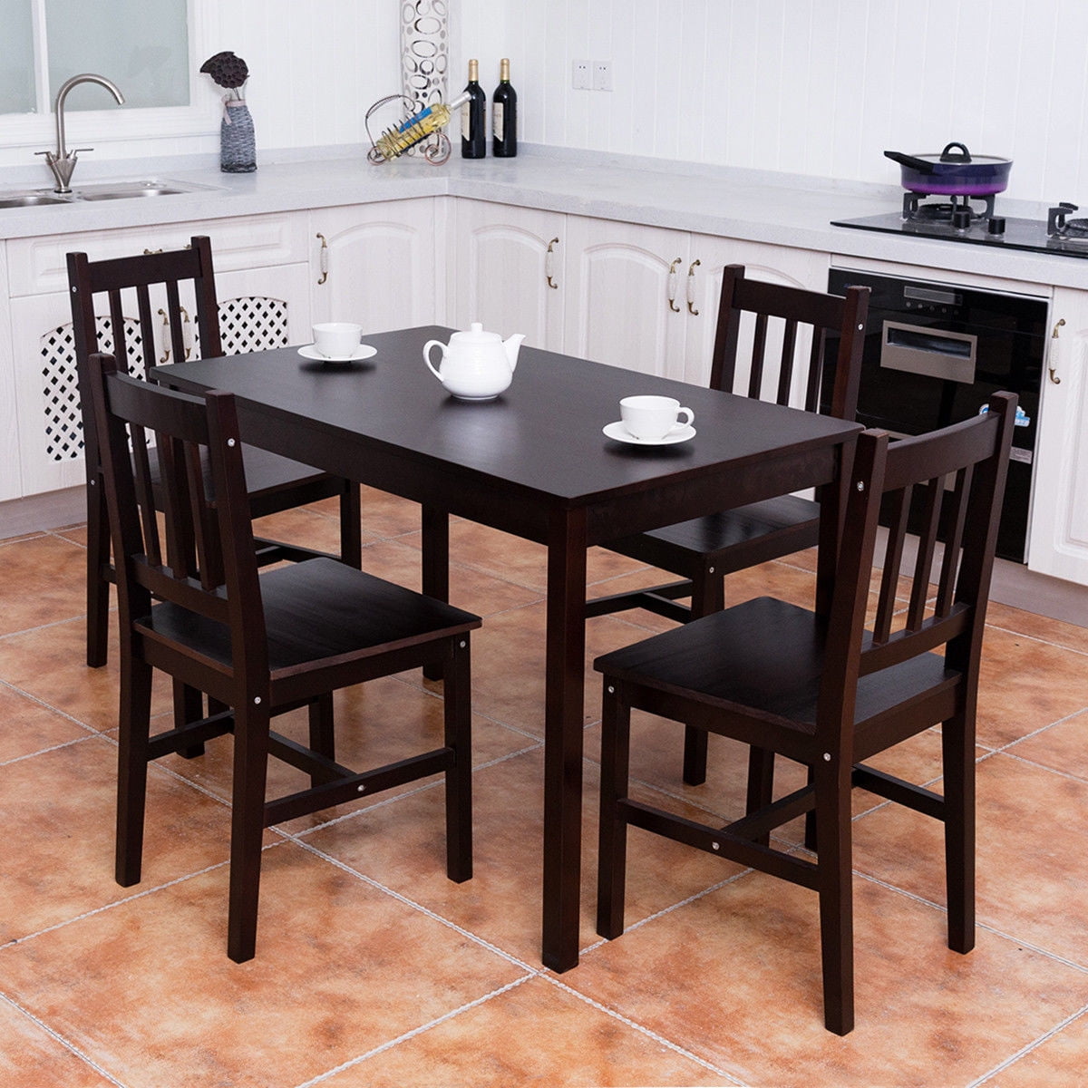 Costway 5PCS Solid Pine Wood Dining Set Table and 4 Chairs Home Kitchen