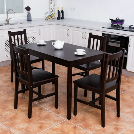 Costway 5PCS Solid Pine Wood Dining Set Table and 4 Chairs Home Kitchen Furniture