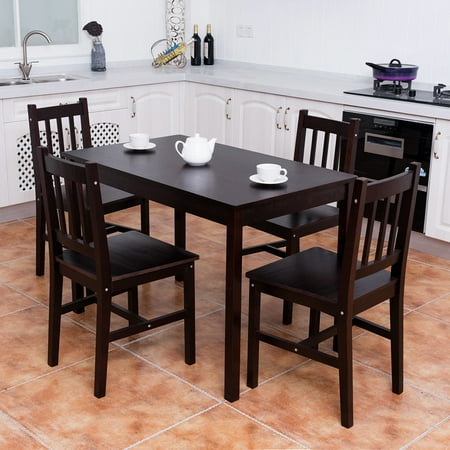 Costway 5PCS Solid Pine Wood Dining Set Table and 4 Chairs Home Kitchen Furniture (Best Wood Furniture Brands)