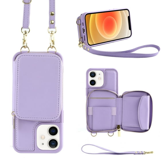 iPhone 12 Crossbody Wallet Case, Zipper Card Phone Case with Wrist Strap, Handbag Purse Flip Cover with RFID Blocking Gift for Women Men Compatible with iPhone 12 6.1 inch, Purple