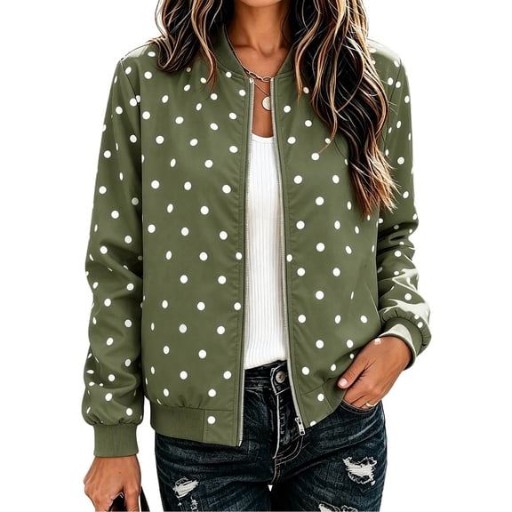 Fall Jacket for Women Long Sleeve Casual Bomber Outerwear Polka Dot Print Zip Closure Ribbed Cuffs Easy Layering Casual Outdoor Jacket
