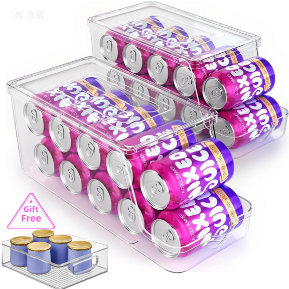 2Pack Soda Can Dispenser for Refrigerator with Lids, Stackable Drink Organizer for Fridge, Clear Plastic Refrigerator Organizer Bins, Beverage Can Holders for Pantry, Freezer, Kitchen, Cabinets