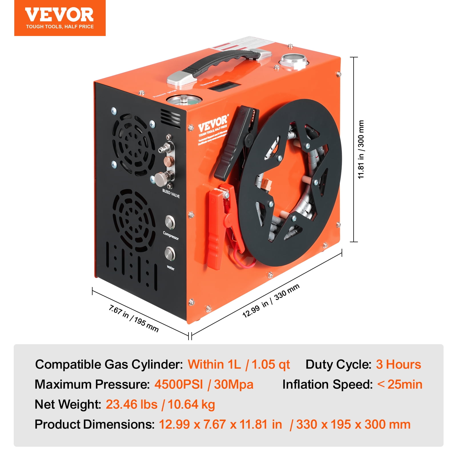 VEVOR PCP Air Compressor, 4500PSI/30Mpa Portable PCP Airgun Compressor - Built-in Water and Fan Cooling System, Auto-Stop | DC12V/AC120V Paintball Tank Compressor for Air Rifle, Scuba Diving Bottle