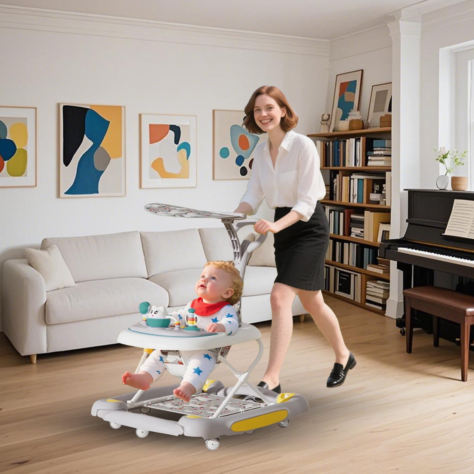 HDUTNGISN Gray 6-in-1 Foldable Baby Walker for 6-24 Months,Bouncer,Tray & Music