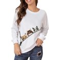 thumbnail image 2 of Fashnice Chandail en Molleton pour Femmes Col Rond Hauts Imprimé Chat Chandail Loisirs Automne Blanc P, 2 of 4