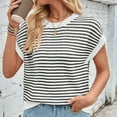 thumbnail image 6 of Elvqul Tops for Women Cotton Round Neck Sweater White Casual Pullover Stripe Print Juniors Short Sleeve Tops, 6 of 7