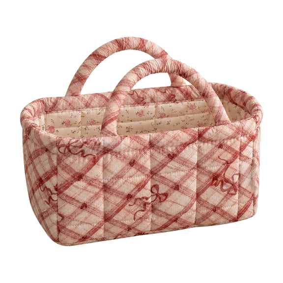 Fabric Storage Basket With Bow Handle, Quilted Cotton Cosmetics Organizer For Desk, Bedroom Shelf, Plaid Decorative Snack Holder For Snacks, Small Items