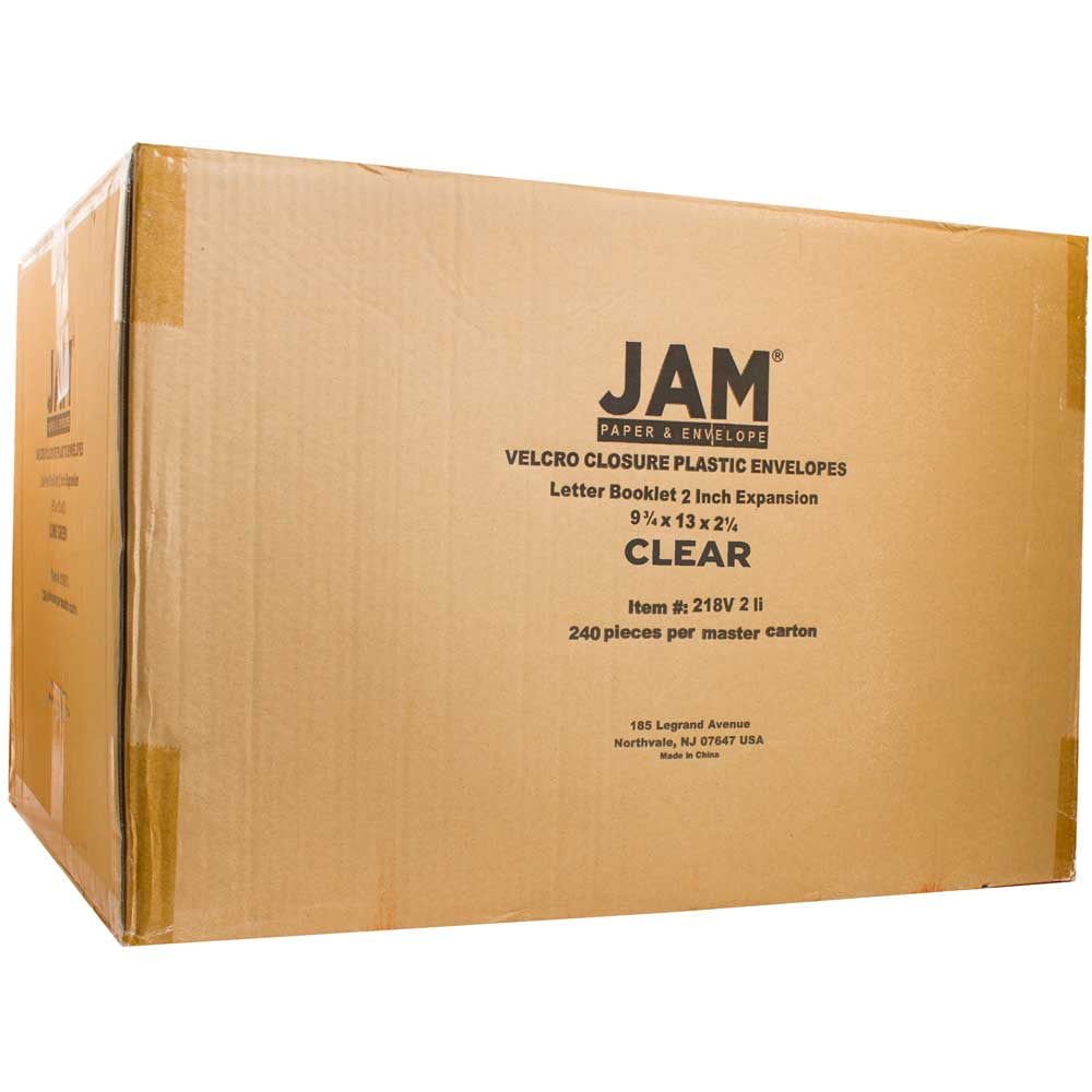 JAM Paper Plastic Envelopes with Hook & Loop Closure, 2" Expansion, Letter Booklet, 9 3/4" x 13", Clear, 12/pack