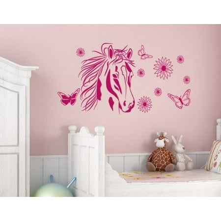 Chinese Silver Horse - Flower Horse Wall Decal - Wall Sticker, Vinyl Wall Art, Home Decor, Wall Mural - 2556 - White, 24in x 12in