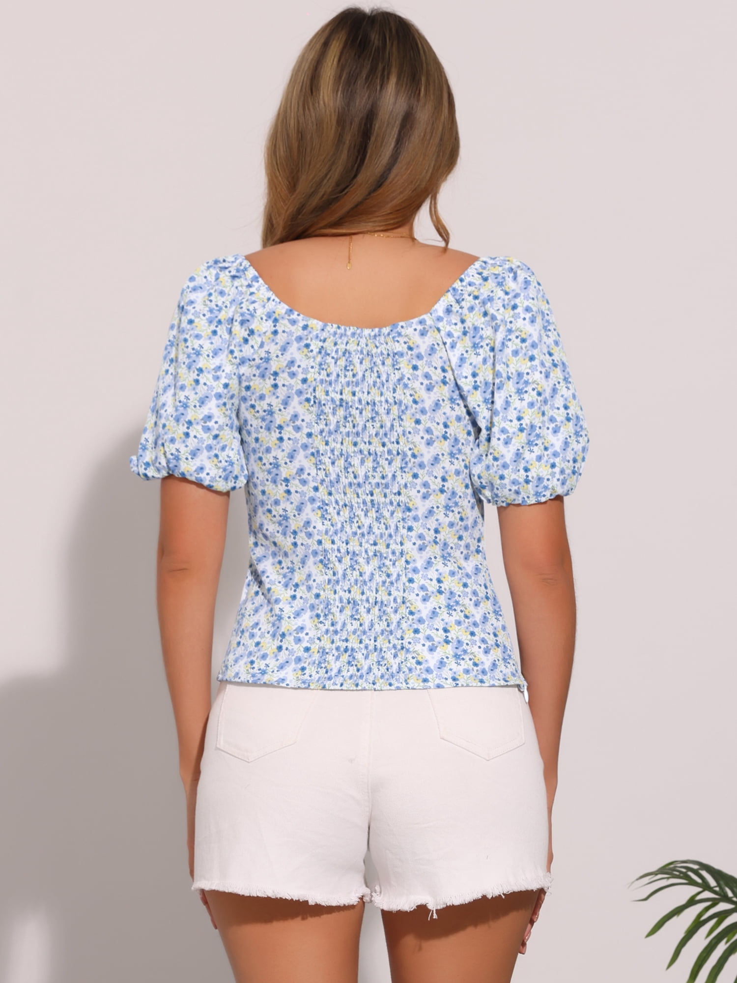 DARING DIVA Puff Sleeve Sweetheart Neck Smocked Floral Top XL White Blue