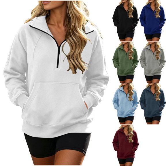 Womens Fleece Long Sleeve Quarter Zip Sweatshirt Oversized Stand Collar Loose Fit Pullover with Kangaroo Pocket Warm Cozy Lounge Daily Wear, White, XL