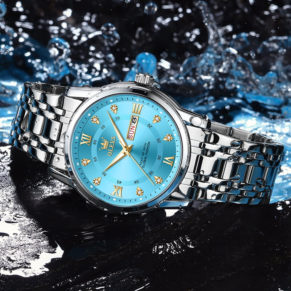 OLEVS Watches for Men Classic Business Dress Analog Quartz Stainless Steel Waterproof Luminous Date Diamond Mens Wrist Watches Relojes De Hombre,Gold/Blue/Black Dial
