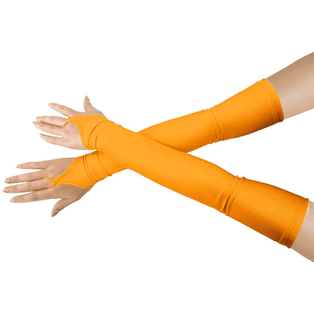 80s Neon Stretchy Fingerless Gloves - Over Elbow Cosplay & Party Gloves In Bright Orange