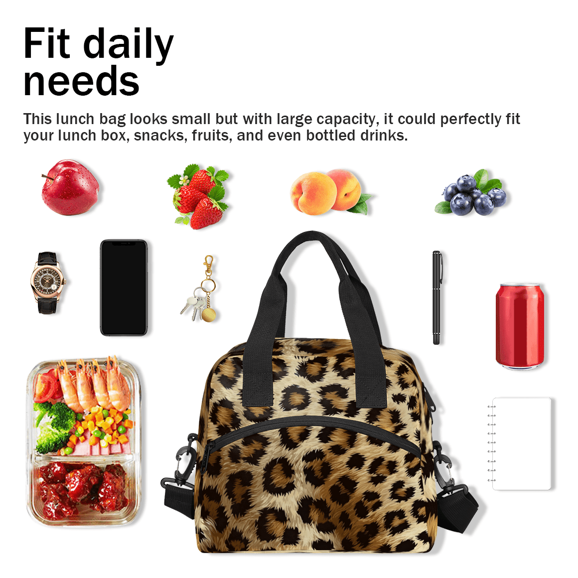 Herdesigns Leopard Print Insulated Lunch Bag for Women Men Adults Large Reusable Lunch Box Cheetah Wild Safari Leakproof Cooler Tote Bags with Adjustable Shoulder Strap