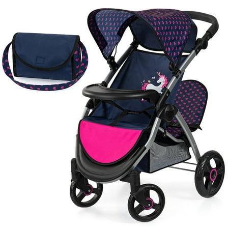 Bayer Design Twin Star Doll Stroller Blue & Hot Pink Unicorn Theme with Shoulder Bag