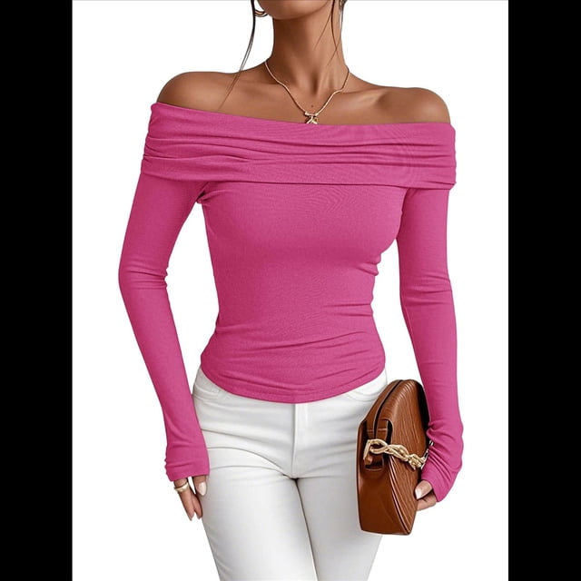Blusas Elegantes Informales con Hombros Descubiertos para Mujer, de Corte Entallado, de Larga, para Salir en y Otoño. Rosa Roja M