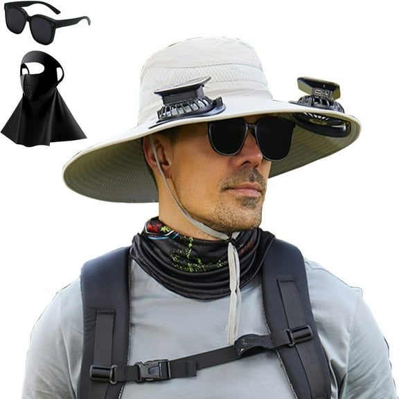 LHNFT Ultralight Solar Fan Sun Hat, Outdoor Wide Brim Sun Hat with 2 Solar Fan, Waterproof Removable, Solar & USB Charging, Camping Essentials