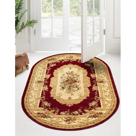 Rugs.com Chateau Collection Rug – 5' 3 x 8' Oval Red Medium Rug Perfect For Living Rooms, Large Dining Rooms, Open Floorplans