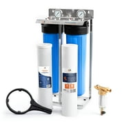 Aquaboon 2-Stage 20" Whole House Big Housings Blue Color Filtration System, Freestanding Steal Frame and Pressure Gauges, Carbon Block, Sediment Filter Cartridges