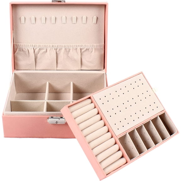 Jewelry Box for Women 2 Layer Jewelry Organizer with Lock Removable Tray Elegant Jewelry Box for Storage Earrings Necklaces Rings Bracelets Watches (Pink)