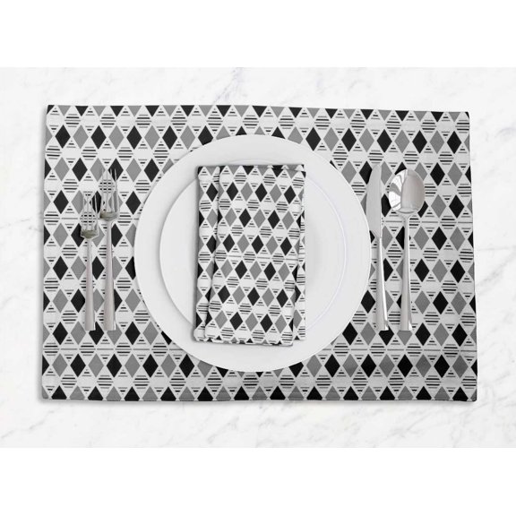 S4Sassy Black Stripe & Diamond Geometric Everyday Washable Placemats With Napkins Dining Table Decor