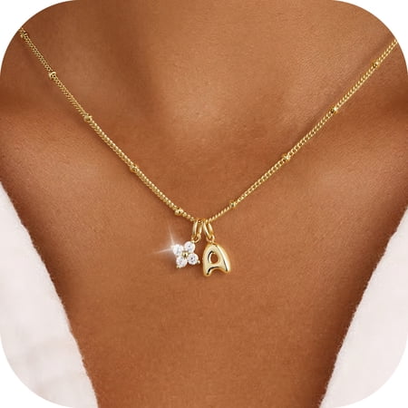 Turandoss Initial Necklaces for Women 14K Gold Plated Letter A Clover Necklace for Women Trendy Dainty Zirconia Pendant Choker Necklace Womens Personalized Jewelry Birthday Gift